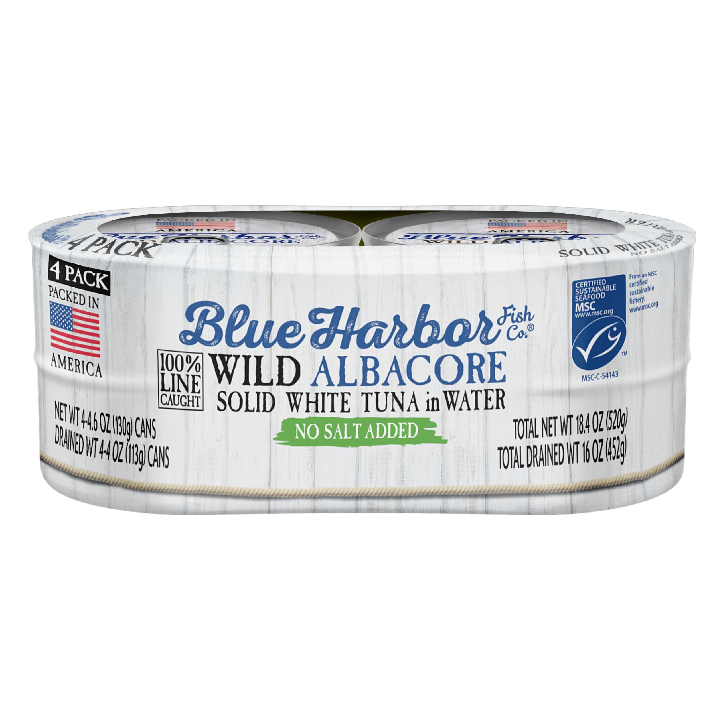 Blue Harbor Fish Co. Wild Albacore Tuna in Water No Salt Added four-pack can, ideal for lean protein.