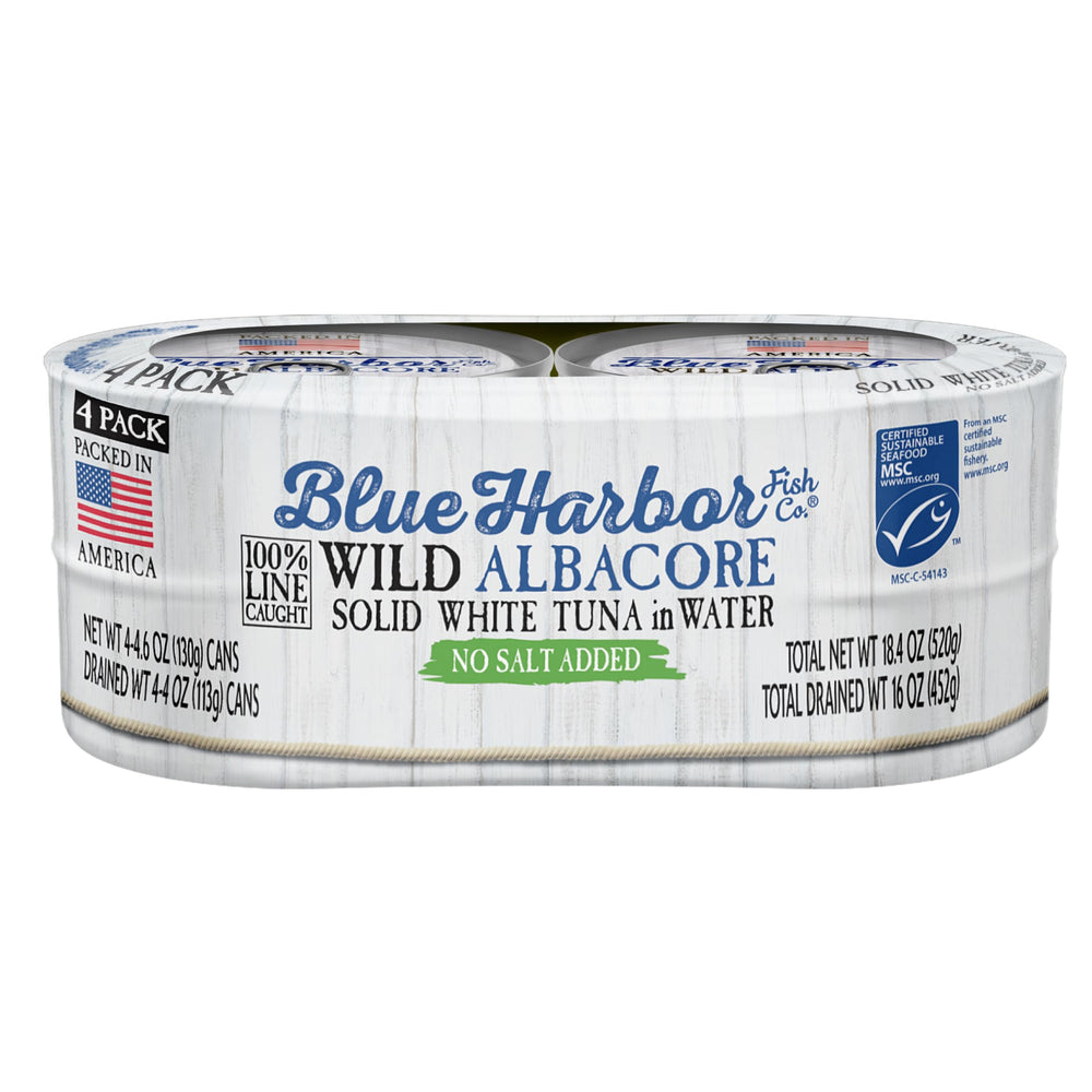 Blue Harbor Fish Co. Wild Albacore Tuna in Water No Salt Added four-pack can, ideal for lean protein.