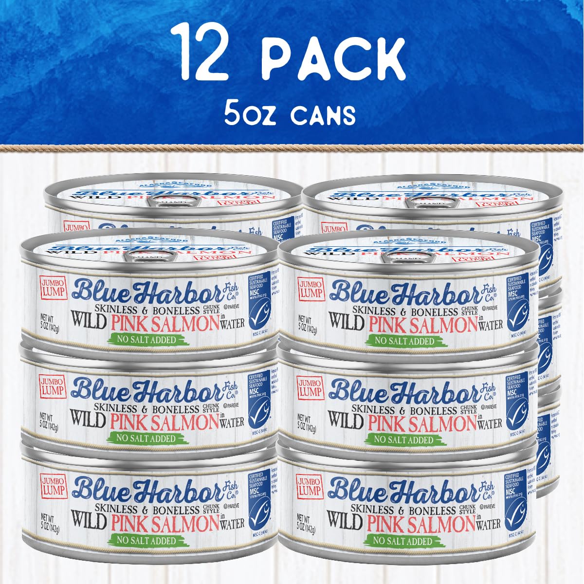 Blue Harbor Wild Pink Salmon Alaska scenic waters backdrop highlights sustainable sourcing and clean taste.