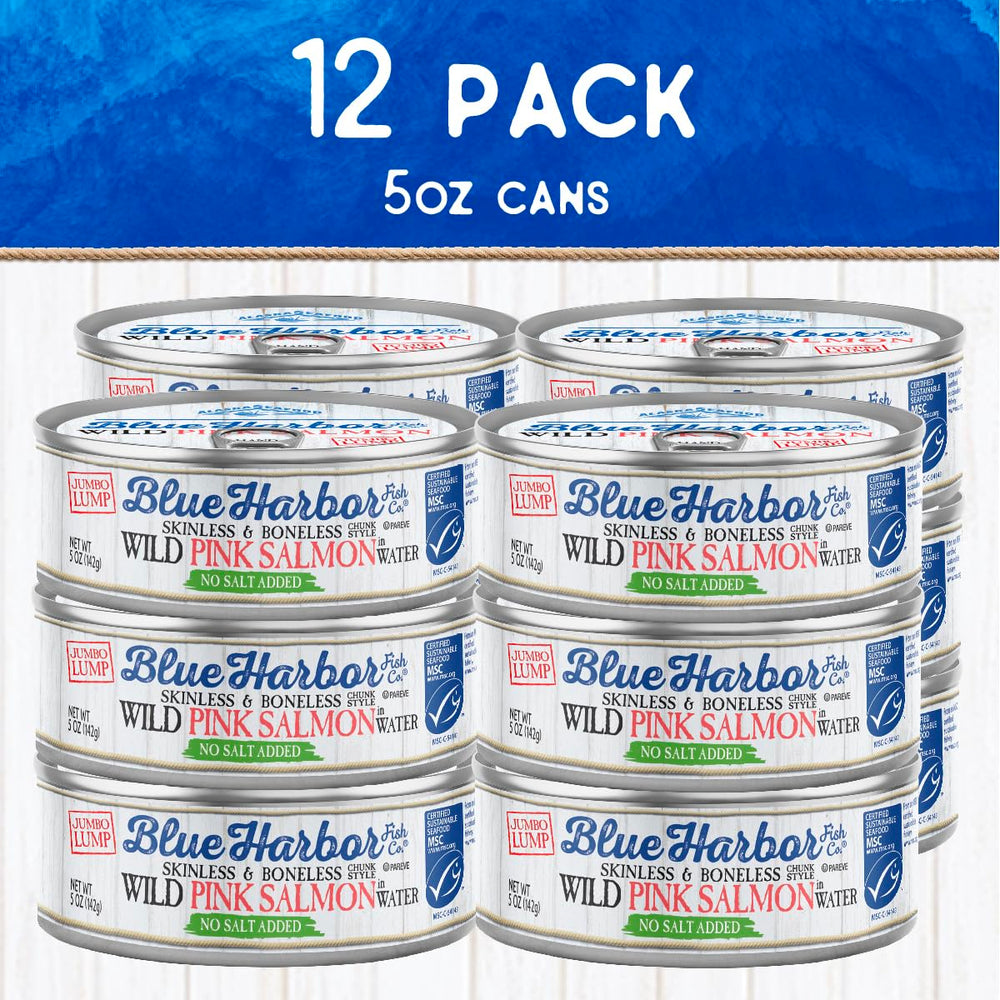 Blue Harbor Wild Pink Salmon Alaska scenic waters backdrop highlights sustainable sourcing and clean taste.