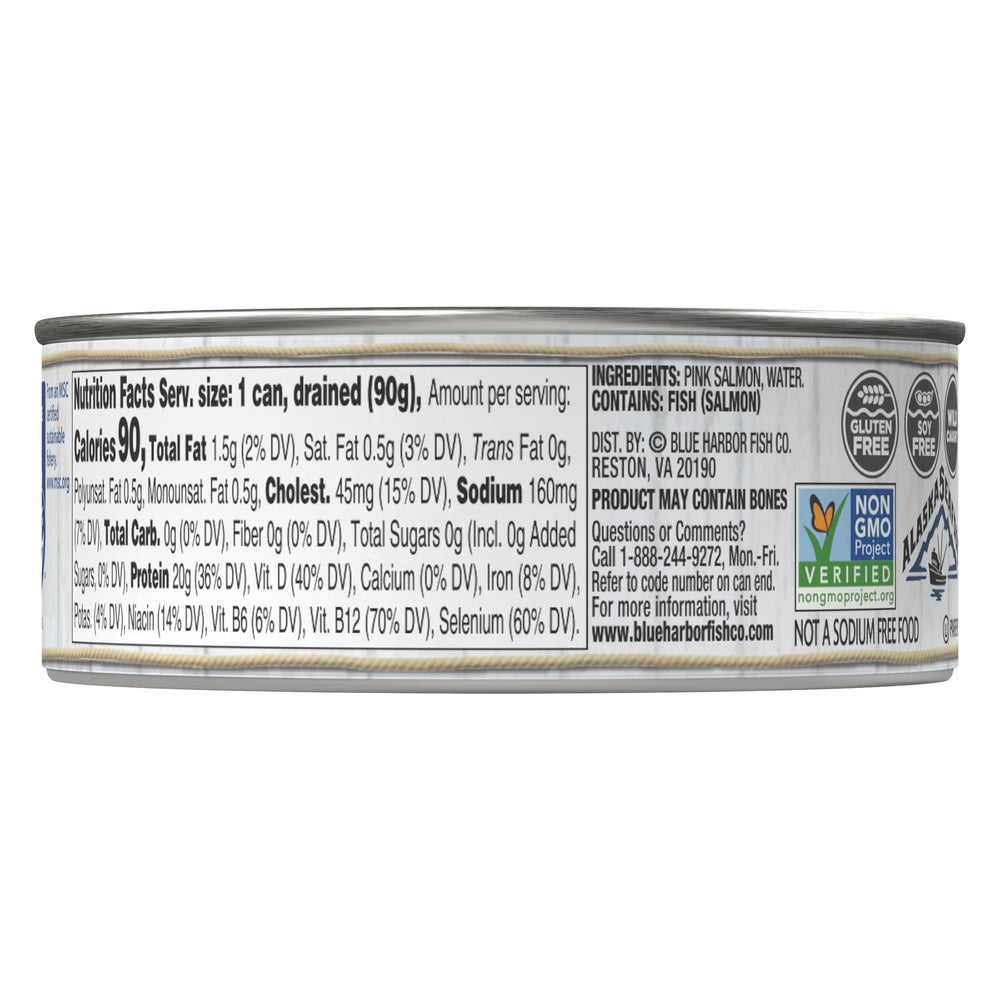 Blue Harbor Wild Pink Salmon hand-packed, skinless and boneless for easy, flakes-ready meals.