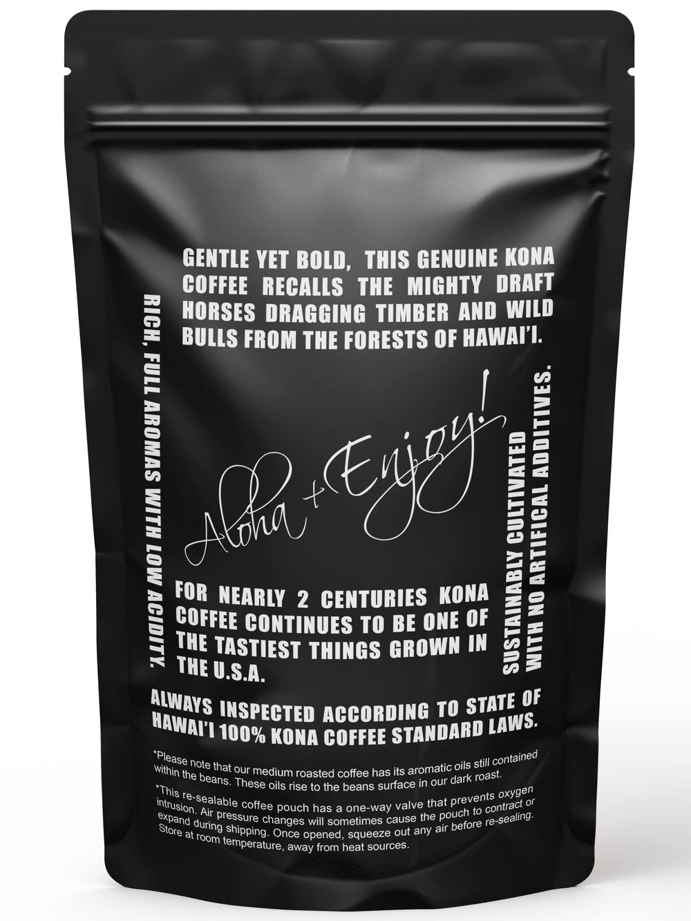 Blue Horse Kona coffee bag back detailing farm-fresh, sustainable growing methods.