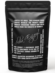 Blue Horse Kona coffee bag back detailing farm-fresh, sustainable growing methods.