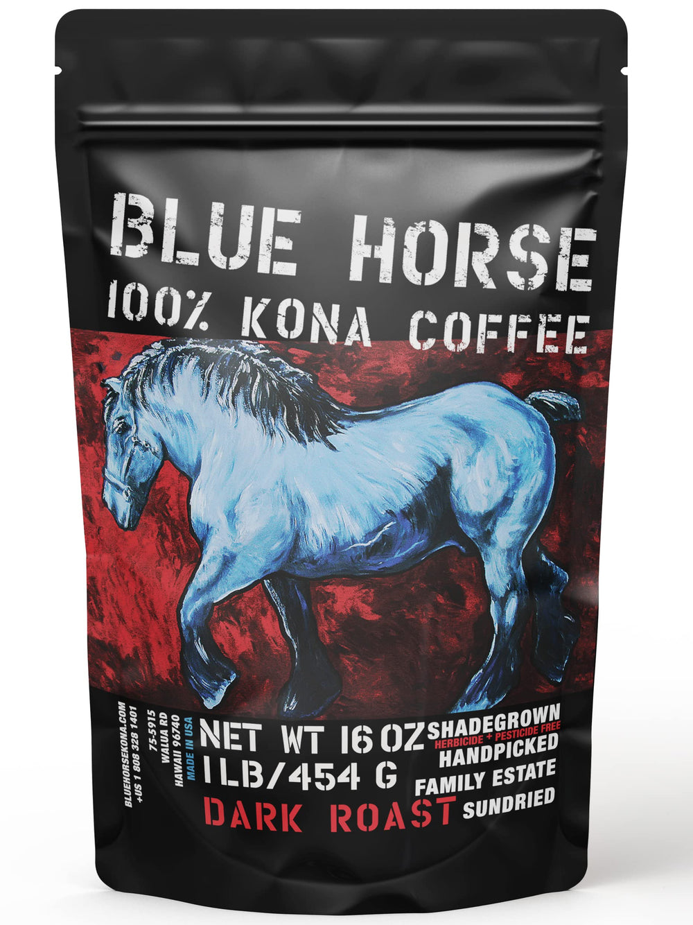 Blue Horse Kona coffee bag front preserves peak flavor and aroma