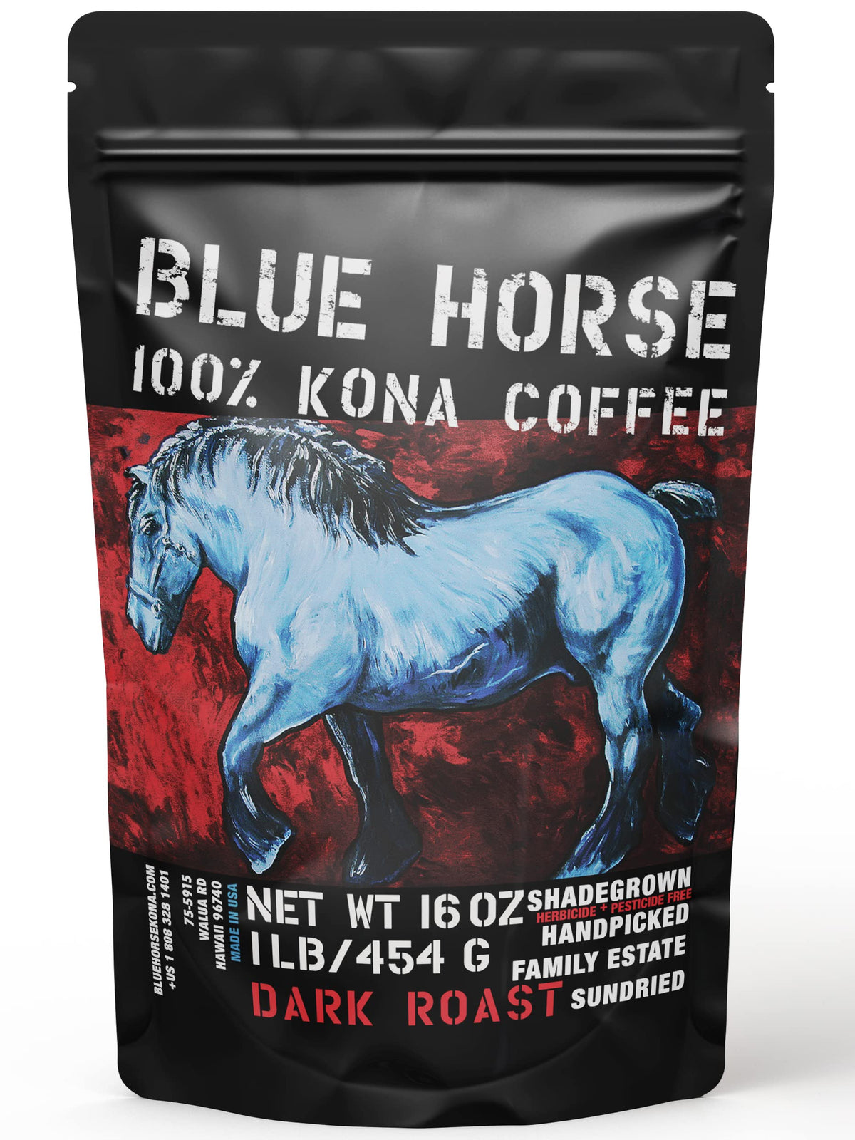 Blue Horse Kona coffee bag front preserves peak flavor and aroma