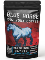 Blue Horse Kona coffee bag front showing premium 100% Kona quality.