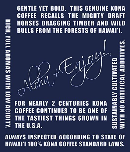 Blue Horse Kona Coffee beans close-up emphasizing premium 100% Kona quality and US sourcing.