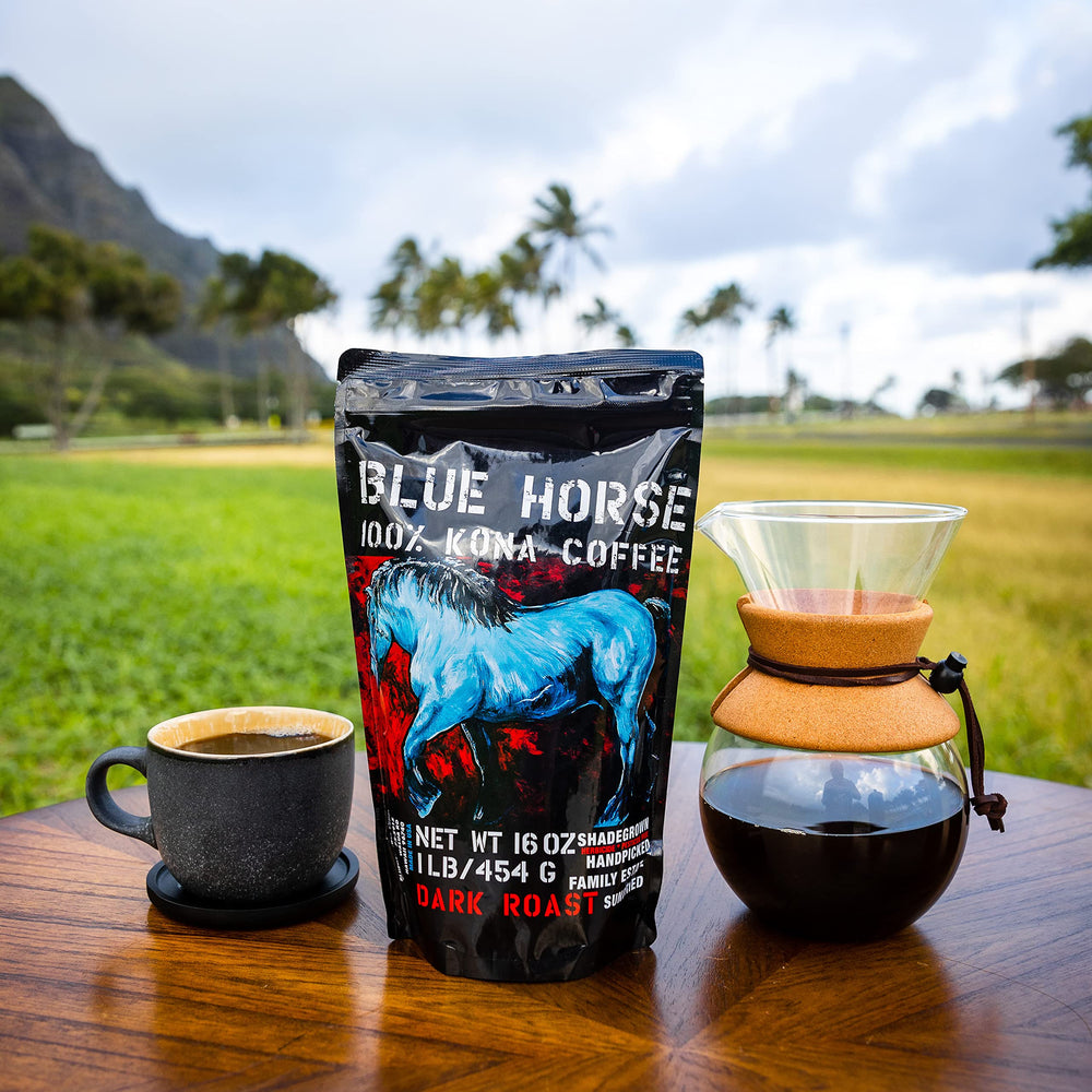 Blue Horse Kona coffee dark-roast beans ready for bold morning brew