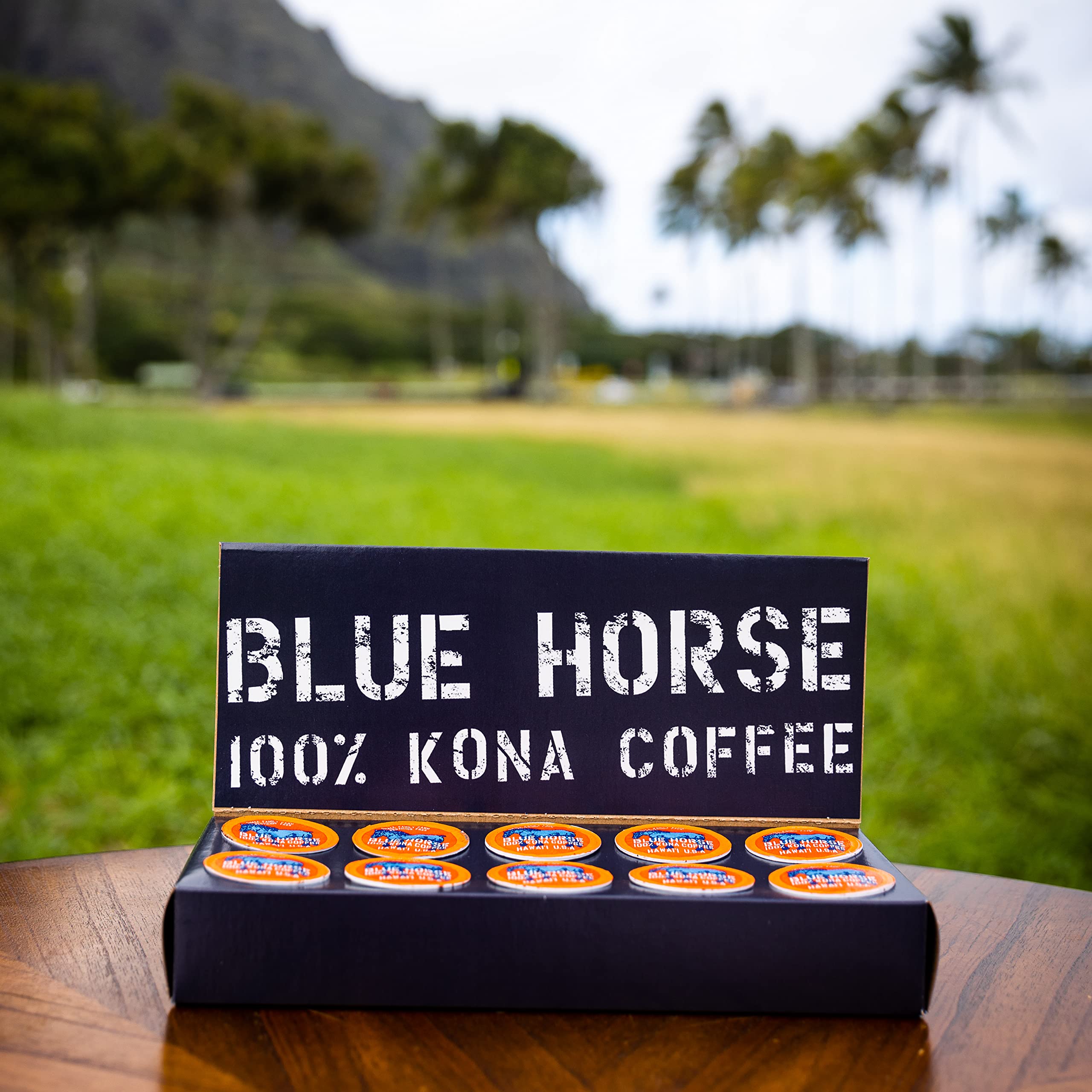 Blue Horse Kona Coffee farm-life scene illustrating shade-grown, handpicked harvesting on Hawaii's Big Island.