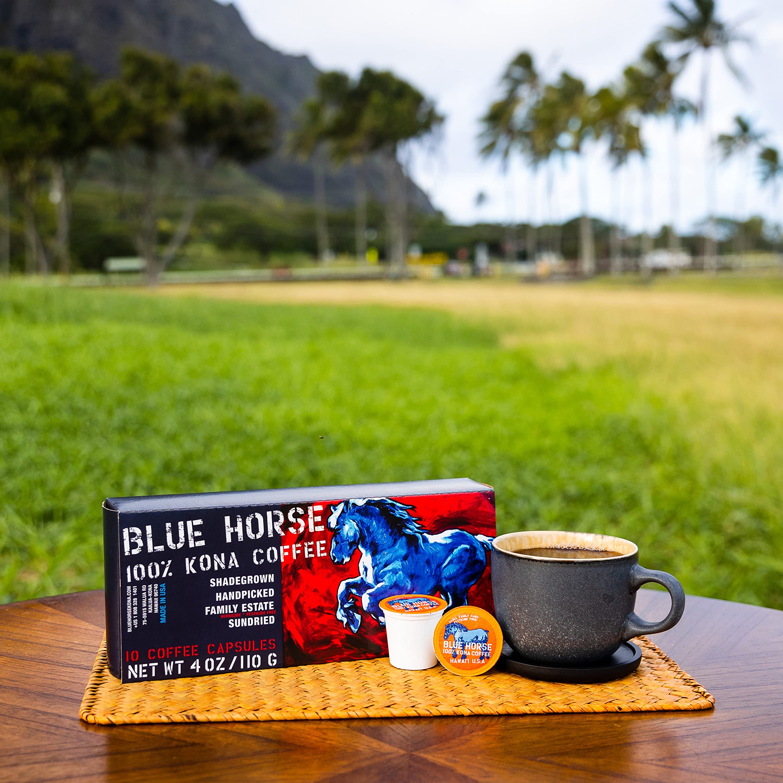 Blue Horse Kona packaging with box front showcases farm-fresh origin and sustainable farming.