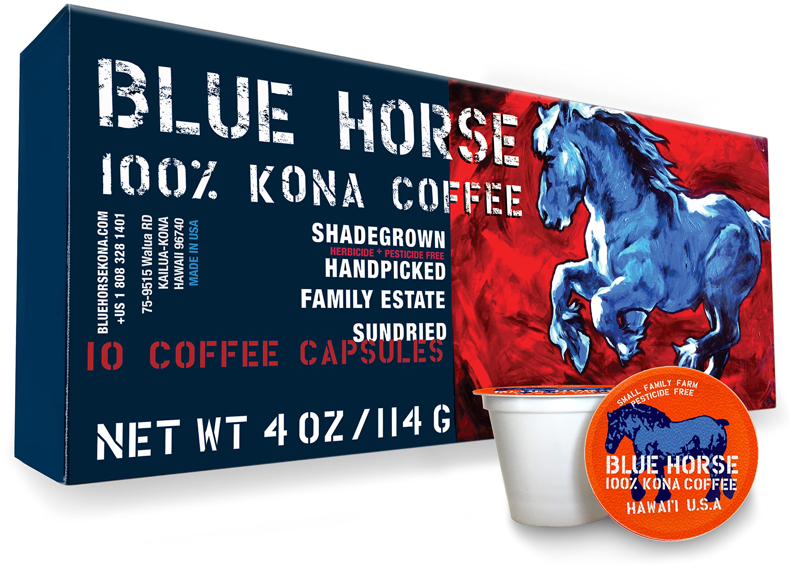 Blue Horse Kona pods brewing into a mug highlighting smooth, rich flavor for everyday coffee routines.