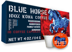 Blue Horse Kona pods brewing into a mug highlighting smooth, rich flavor for everyday coffee routines.