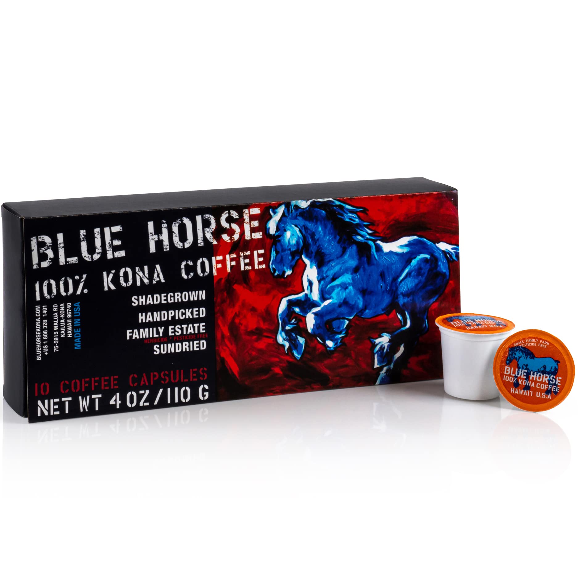 Blue Horse Kona Coffee cup with steam and aroma evoking premium experience at home.