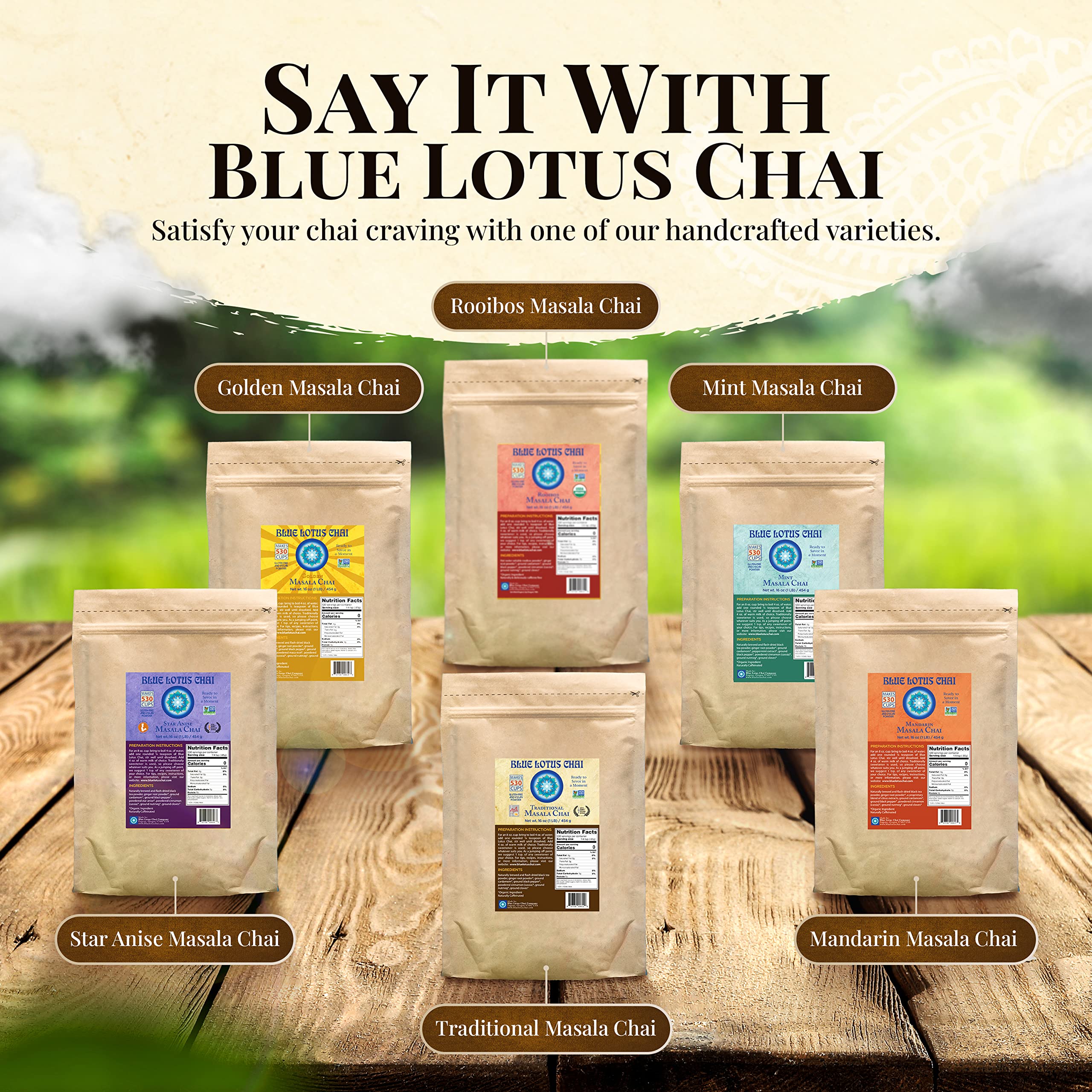 Blue Lotus Chai 1lb tin on shelf for bulk café use.