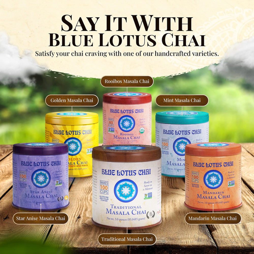 Blue Lotus Chai in a clear mug, rich color.