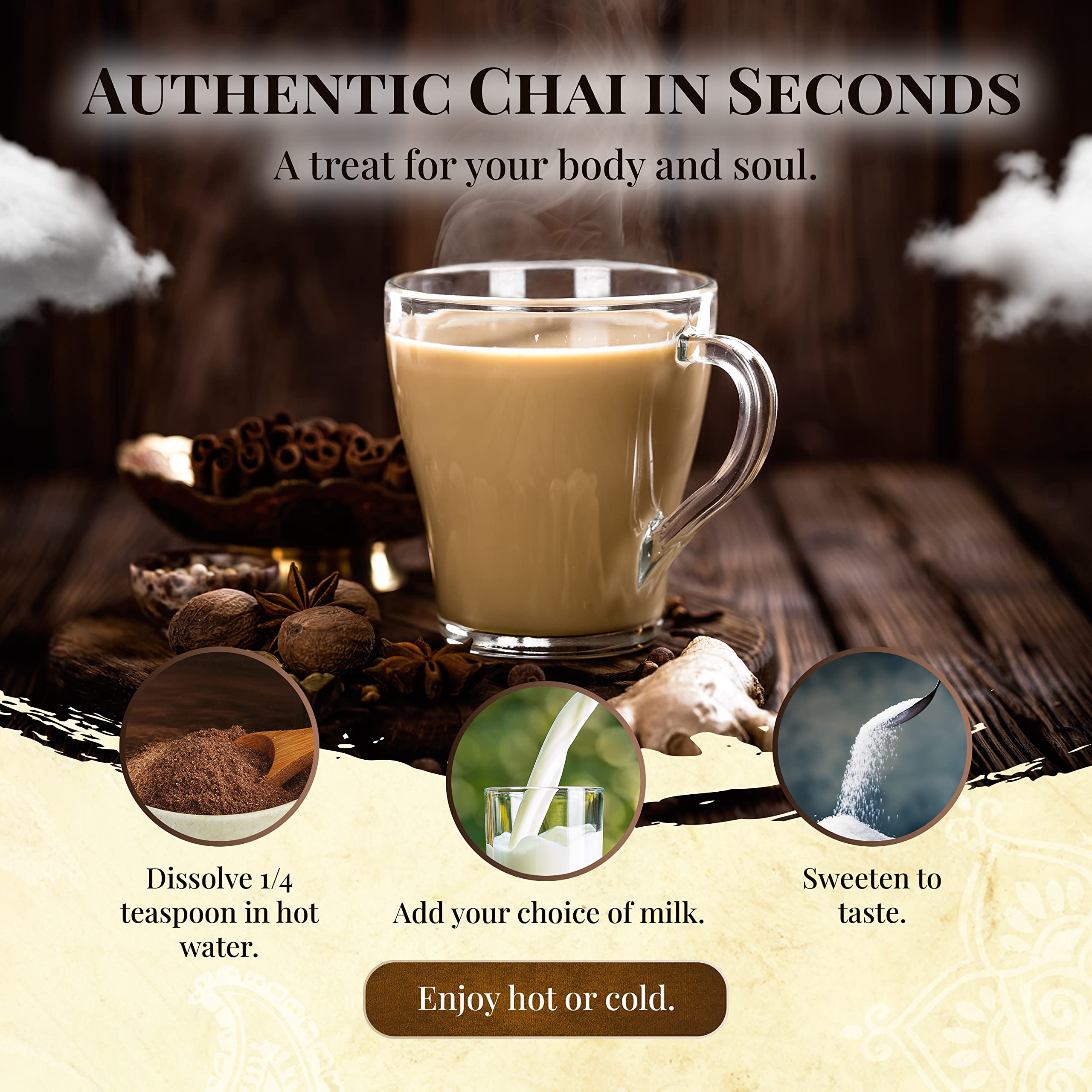 Blue Lotus Chai cup emitting steam with inviting aroma.