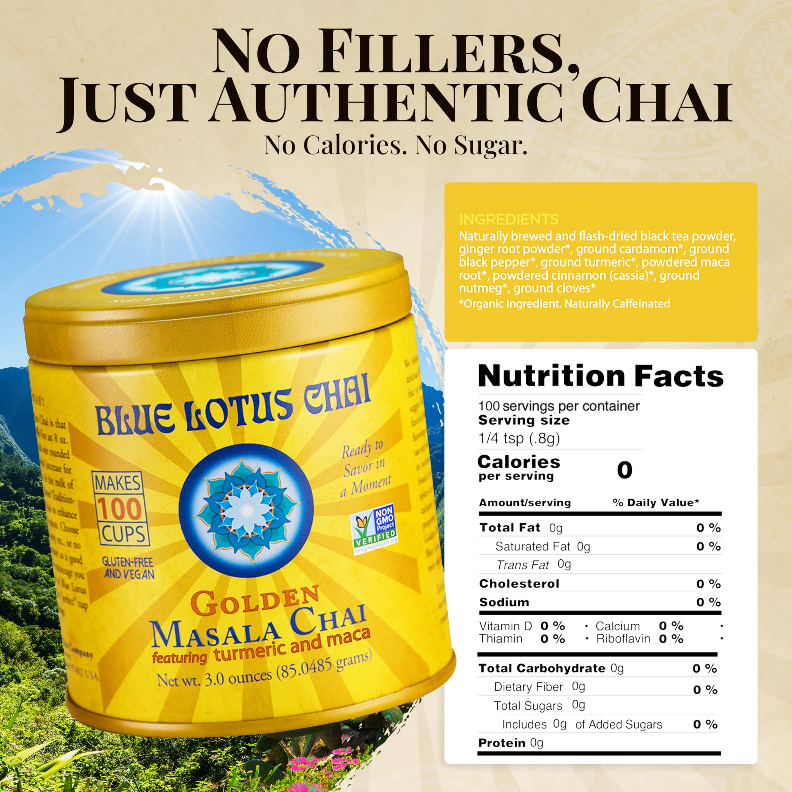 Blue Lotus Chai steaming glass demonstrates ready-to-drink instant chai.