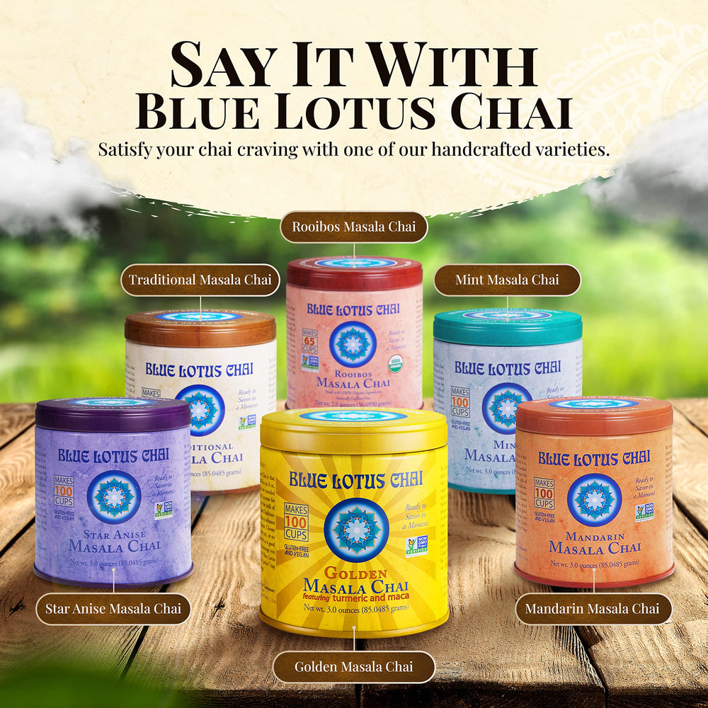 Blue Lotus Chai cup setup ready for quick, convenient chai preparation.