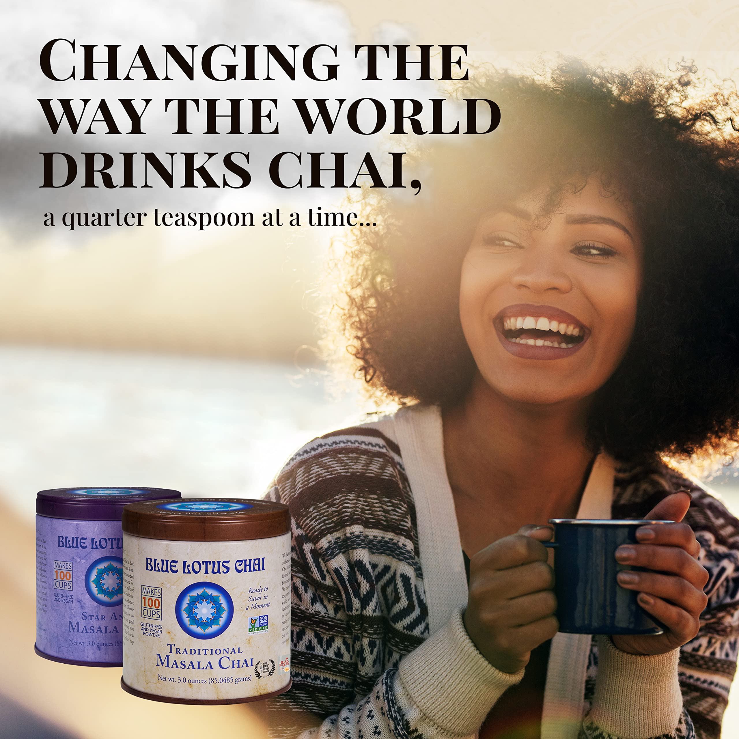 Blue Lotus Chai organic spices close-up emphasizes gluten-free and non-GMO ingredients.