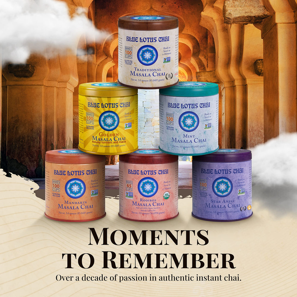 Blue Lotus Chai kitchen scene communicates sugar-free, additive-free authenticity.