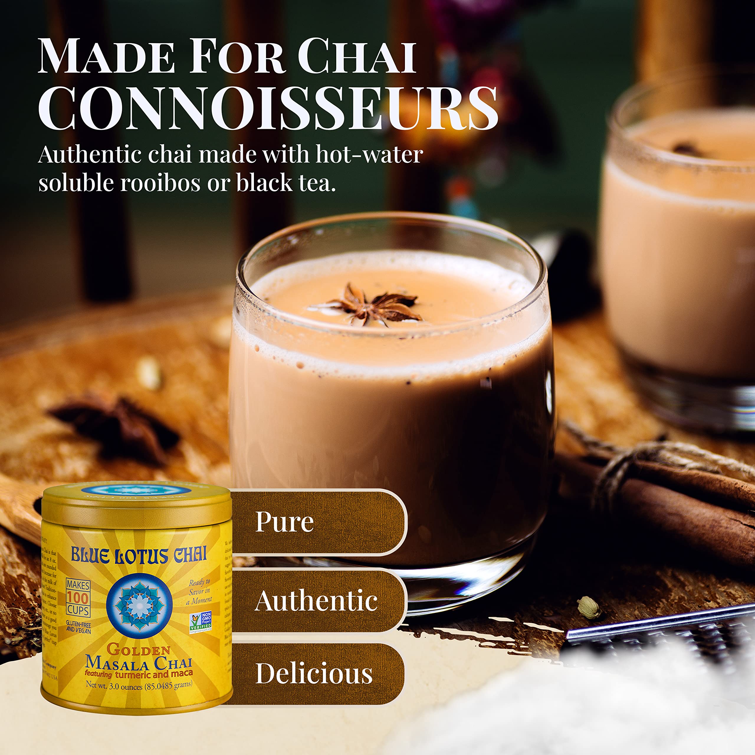 Blue Lotus Chai tin close-up highlights organic spices for a vibrant cup.