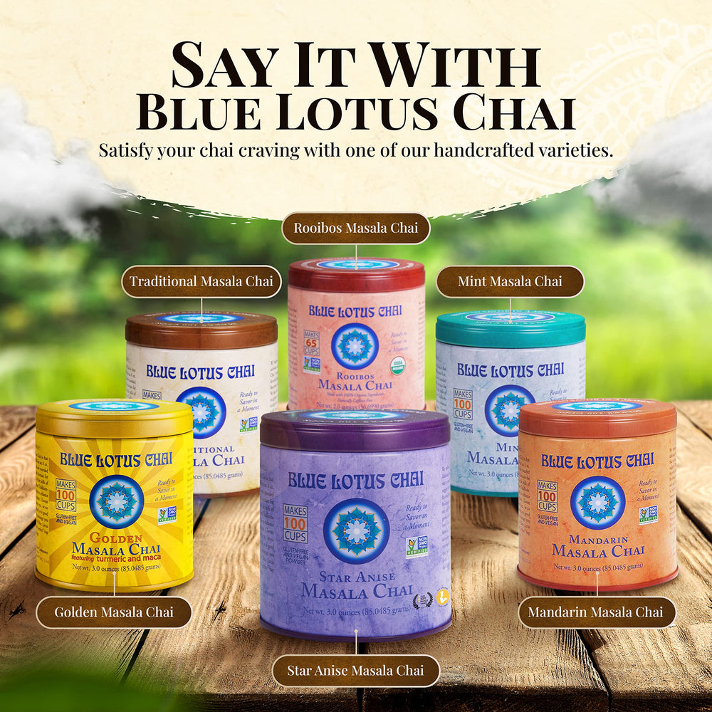 Blue Lotus Chai ingredient list featuring organic spices