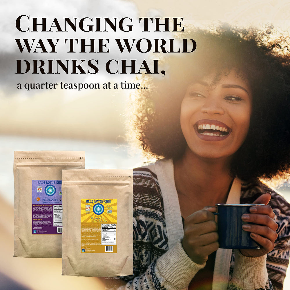 Blue Lotus Chai measuring scoop demonstrates customizable strength.