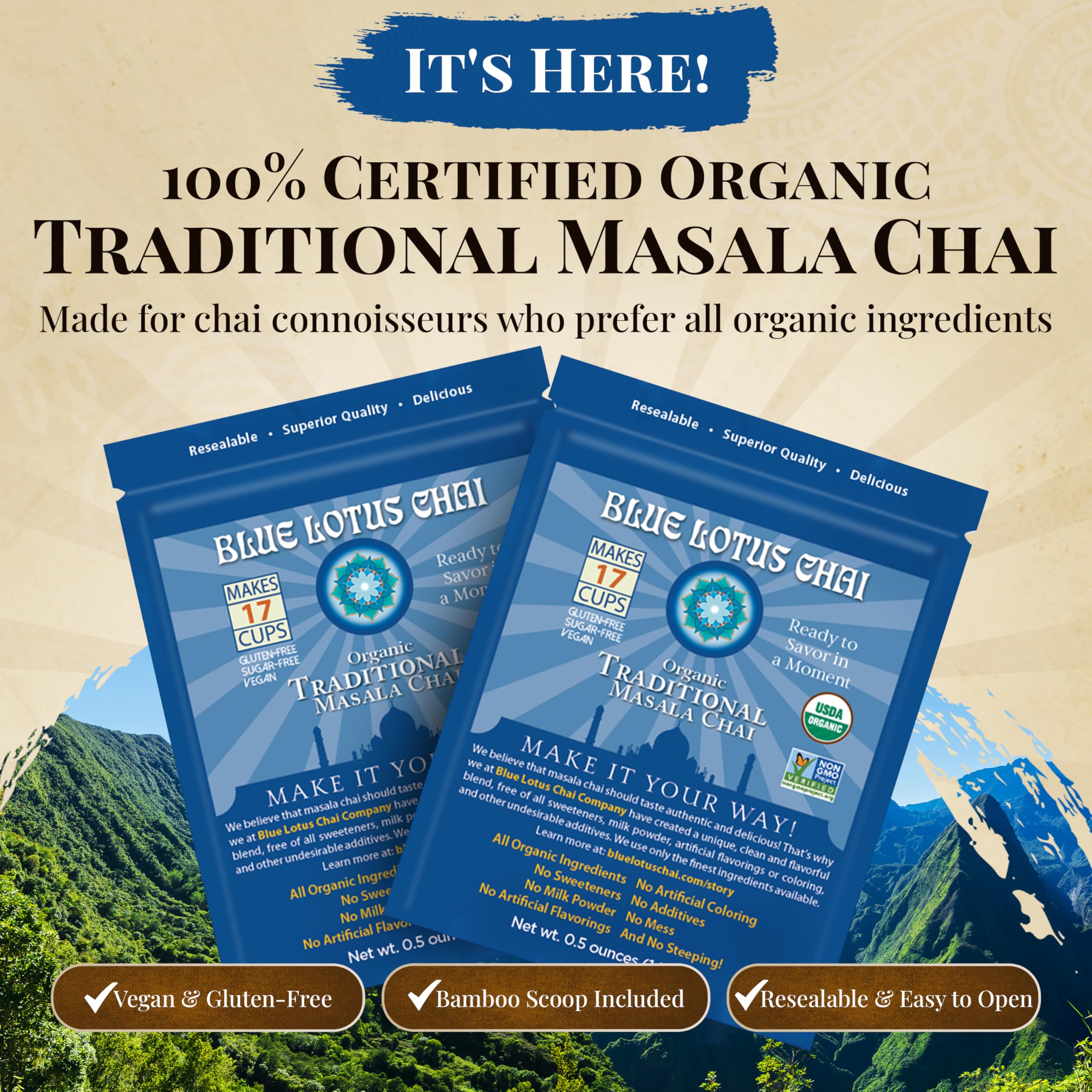 Blue Lotus Chai outer box packaging highlights organic spices.