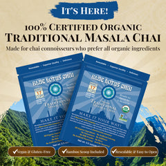 Blue Lotus Chai outer box packaging highlights organic spices.