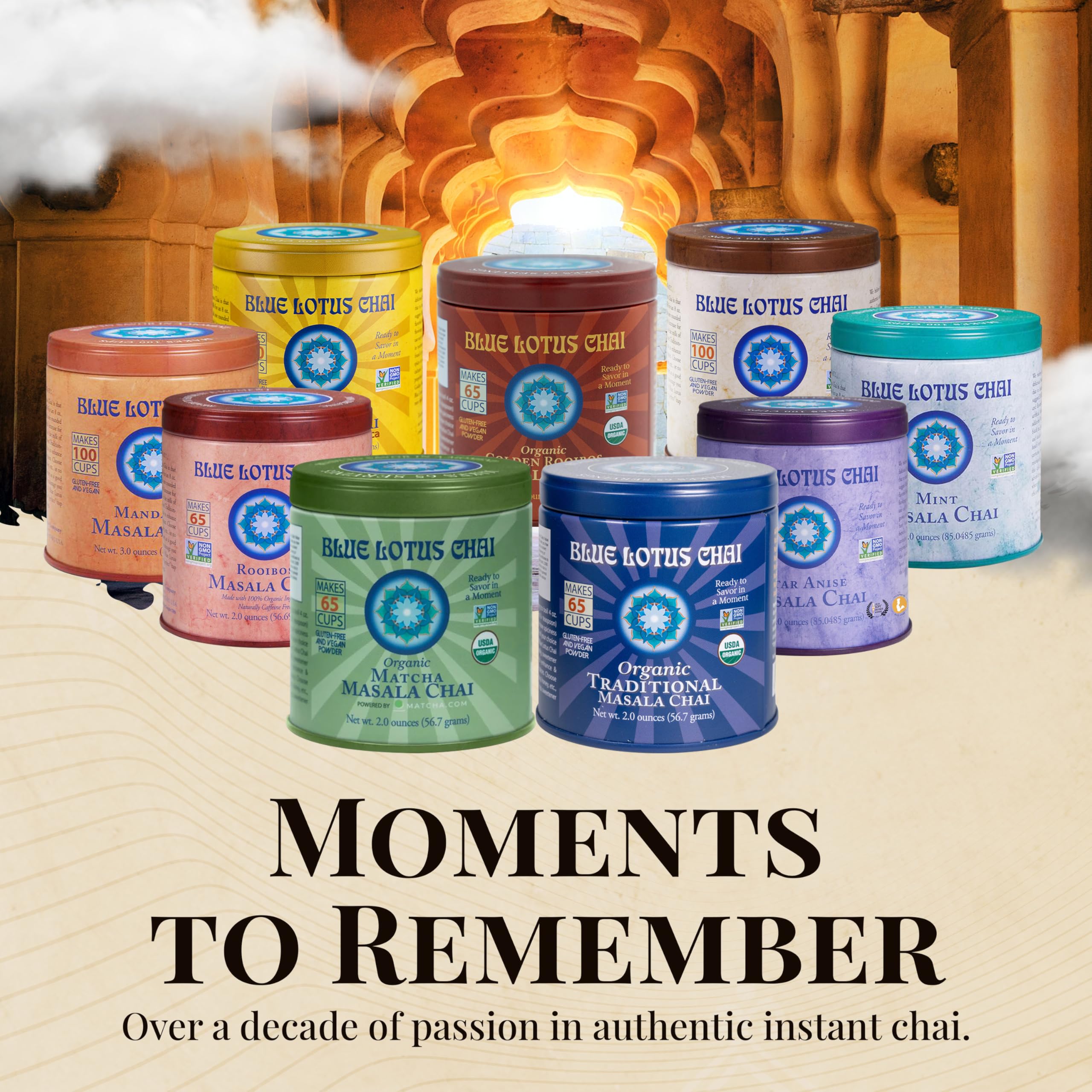 Blue Lotus Chai packaging opened to reveal the spice blend.