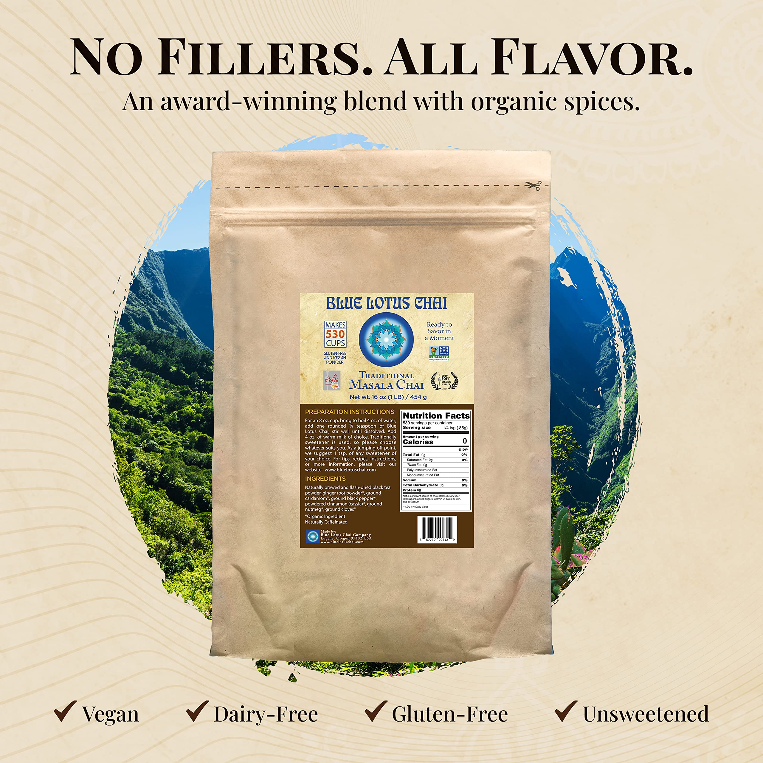 Blue Lotus Chai powder dissolving in hot water for quick cups.