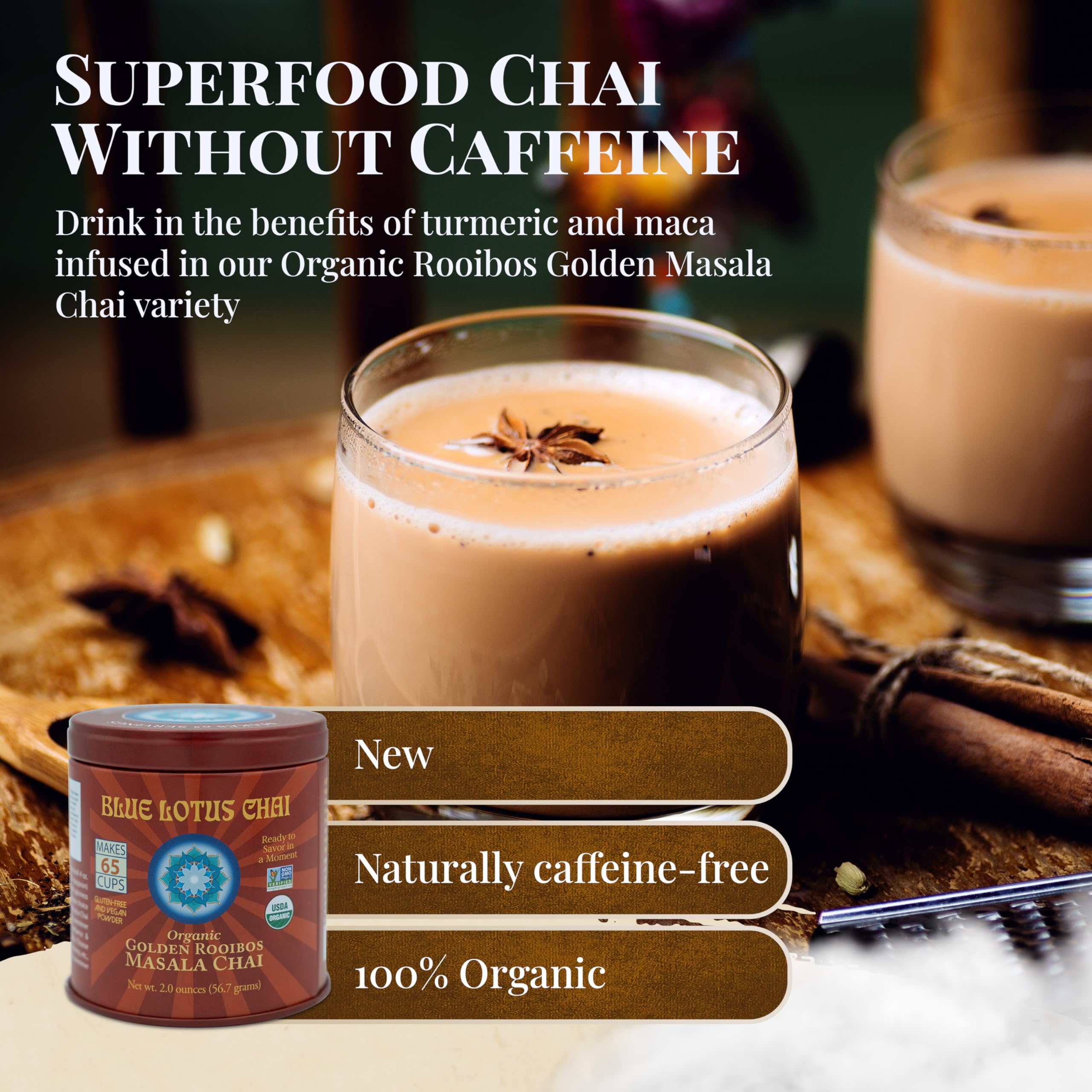 Blue Lotus Chai powder dissolving in hot water for quick, caffeine-free chai
