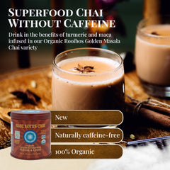 Blue Lotus Chai powder dissolving in hot water for quick, caffeine-free chai