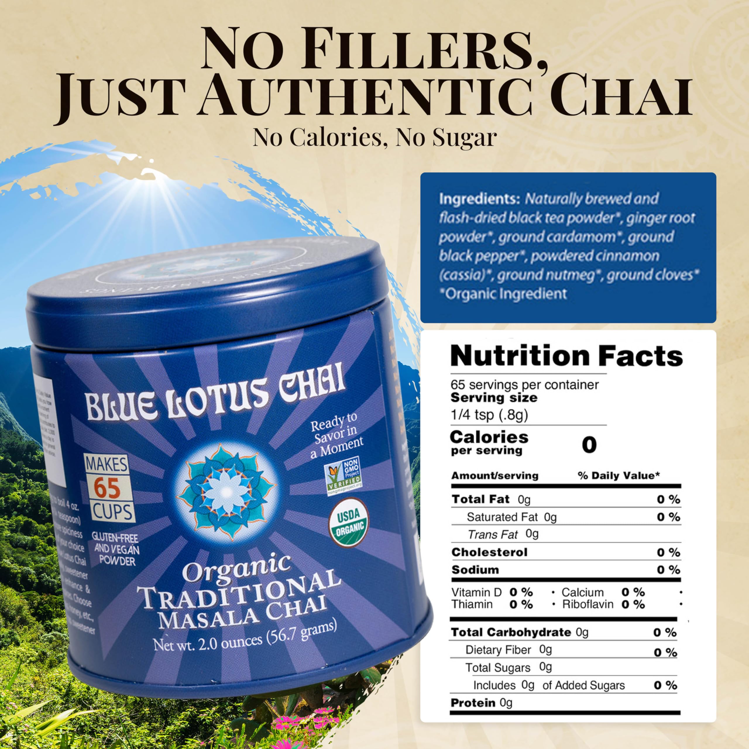Blue Lotus Chai prepared cup ready to enjoy in seconds.