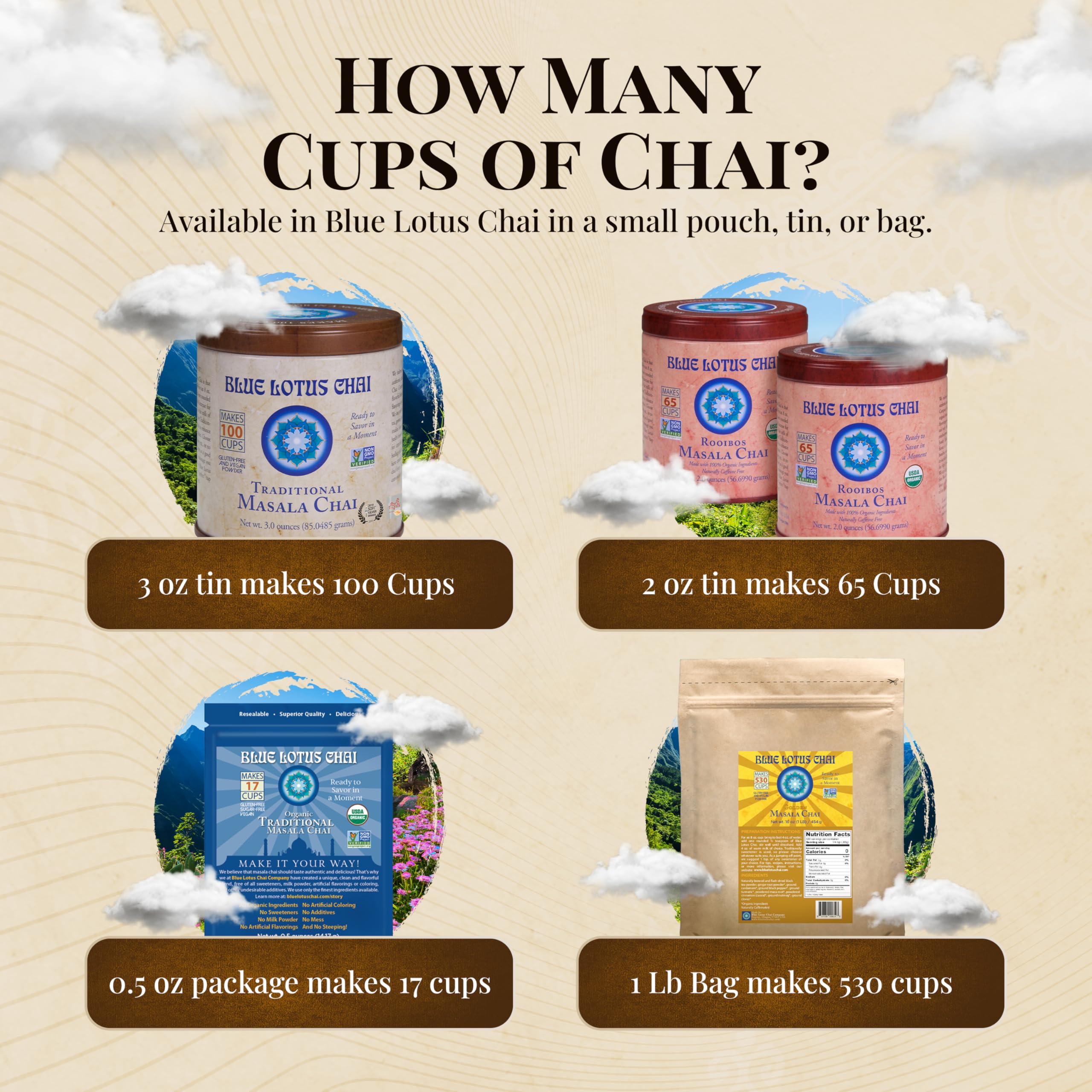 Blue Lotus Chai quick-brew directions show instant prep.