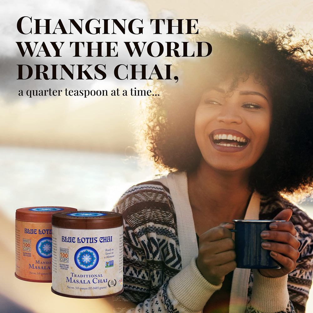 Blue Lotus Chai rooibos base emphasizing caffeine-free, soothing flavor.