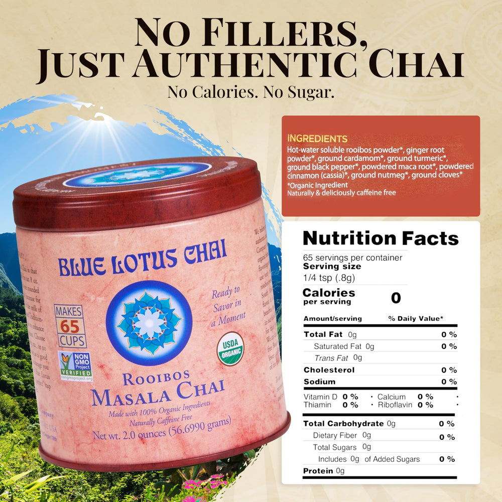 Blue Lotus Chai scoop in tin for easy measuring and customizable strength.