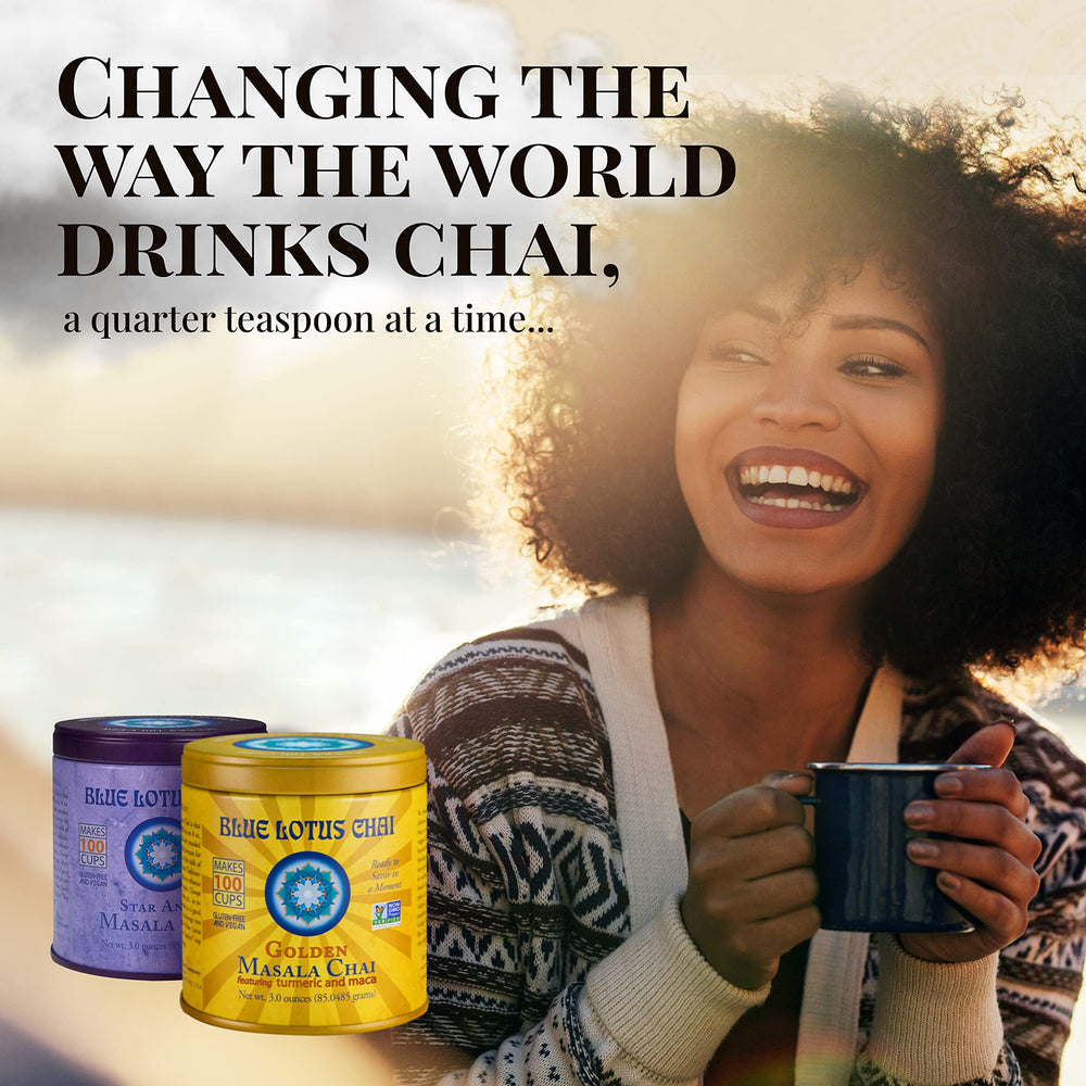 Blue Lotus Chai spice blend, showcasing organic ingredients.