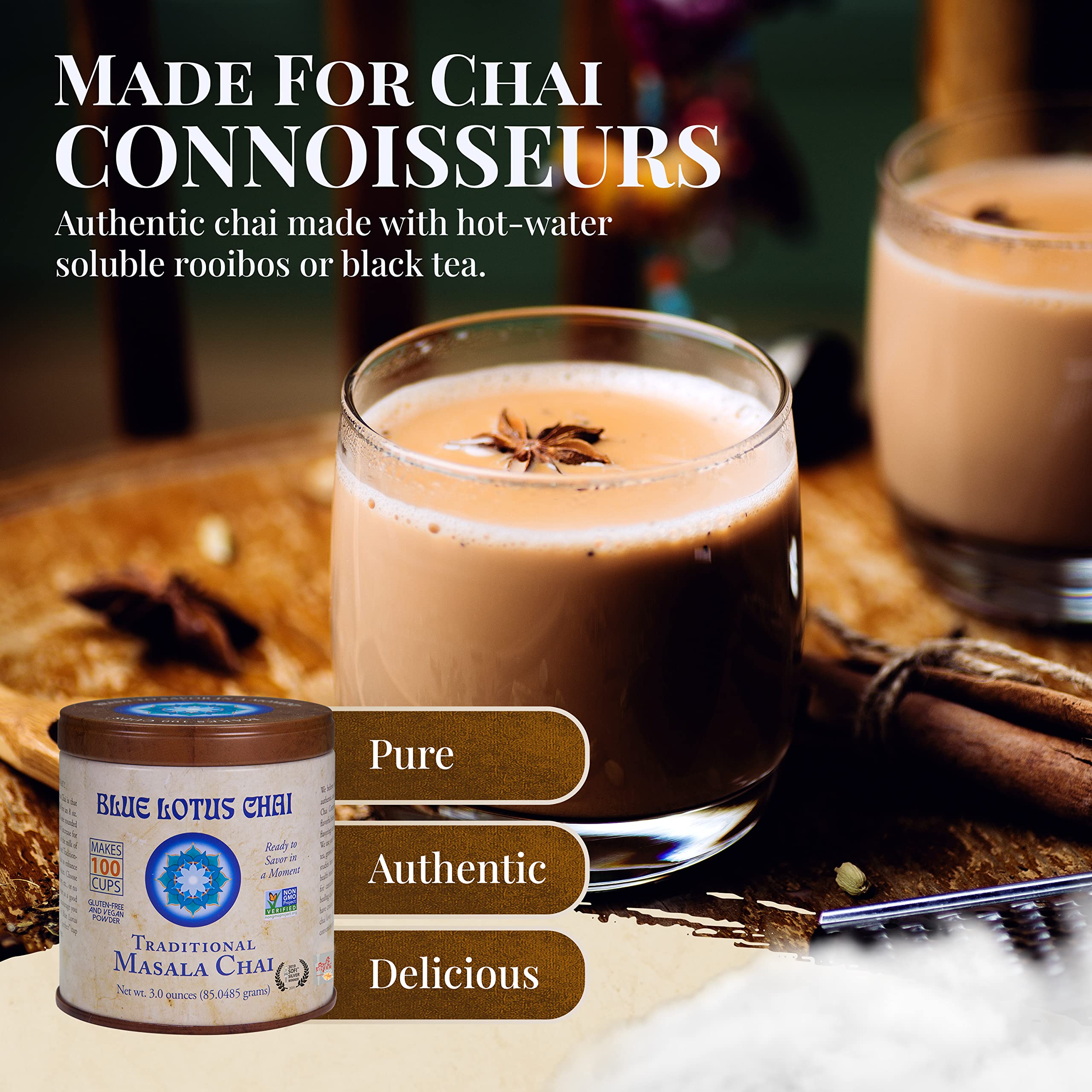 Blue Lotus Chai spice powder highlights vibrant, authentic flavors.