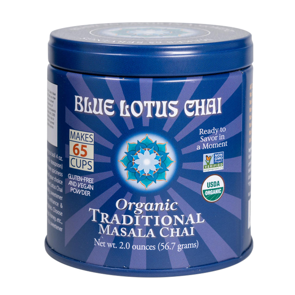 Blue Lotus Chai powder close-up shows organic spice blend and aroma.