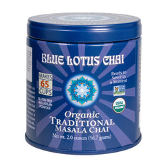 Blue Lotus Chai powder close-up shows organic spice blend and aroma.