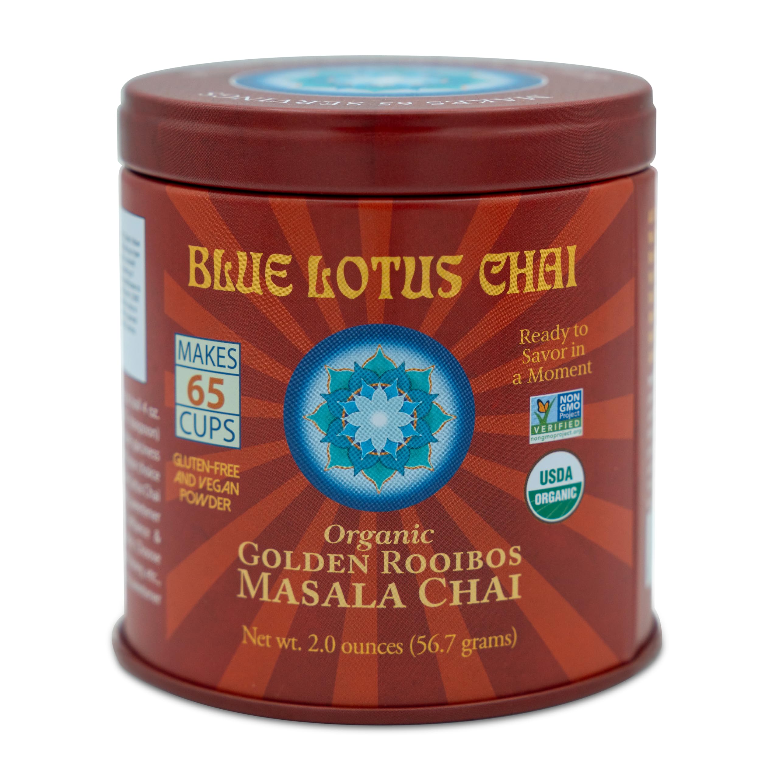 Blue Lotus Chai tin and spice blend shown for authentic flavor and convenience
