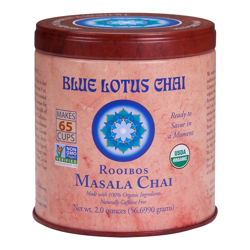 Blue Lotus Chai tin front showing premium spice blend for quick, authentic chai.