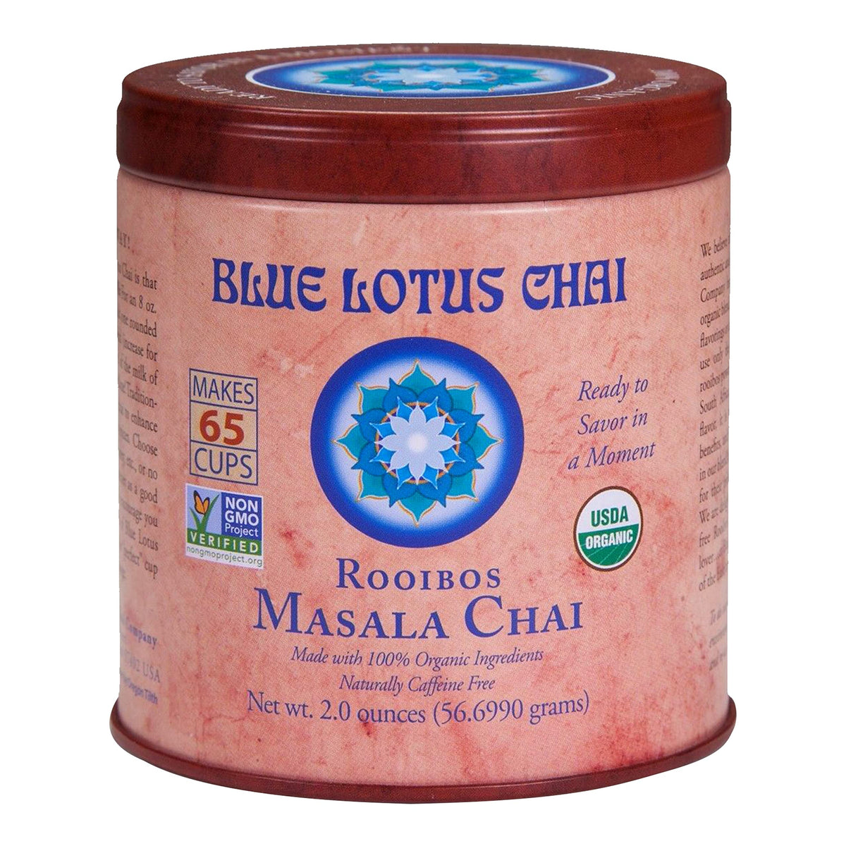 Blue Lotus Chai tin front showing premium spice blend for quick, authentic chai.