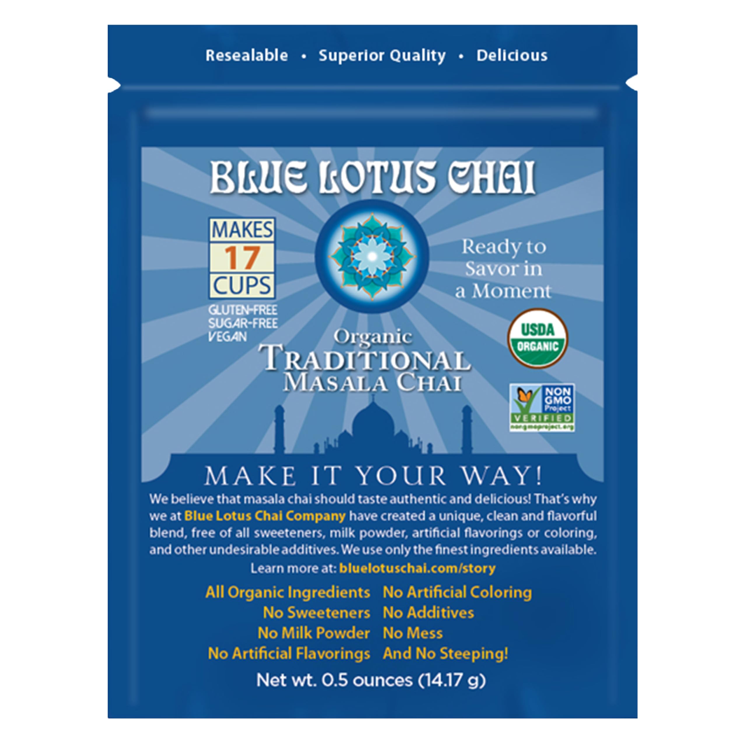 Blue Lotus Chai tin front showing branding and authentic chai packaging.
