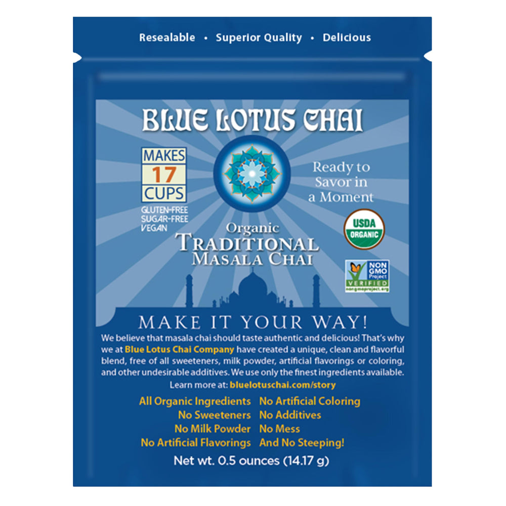 Blue Lotus Chai tin front showing branding and authentic chai packaging.