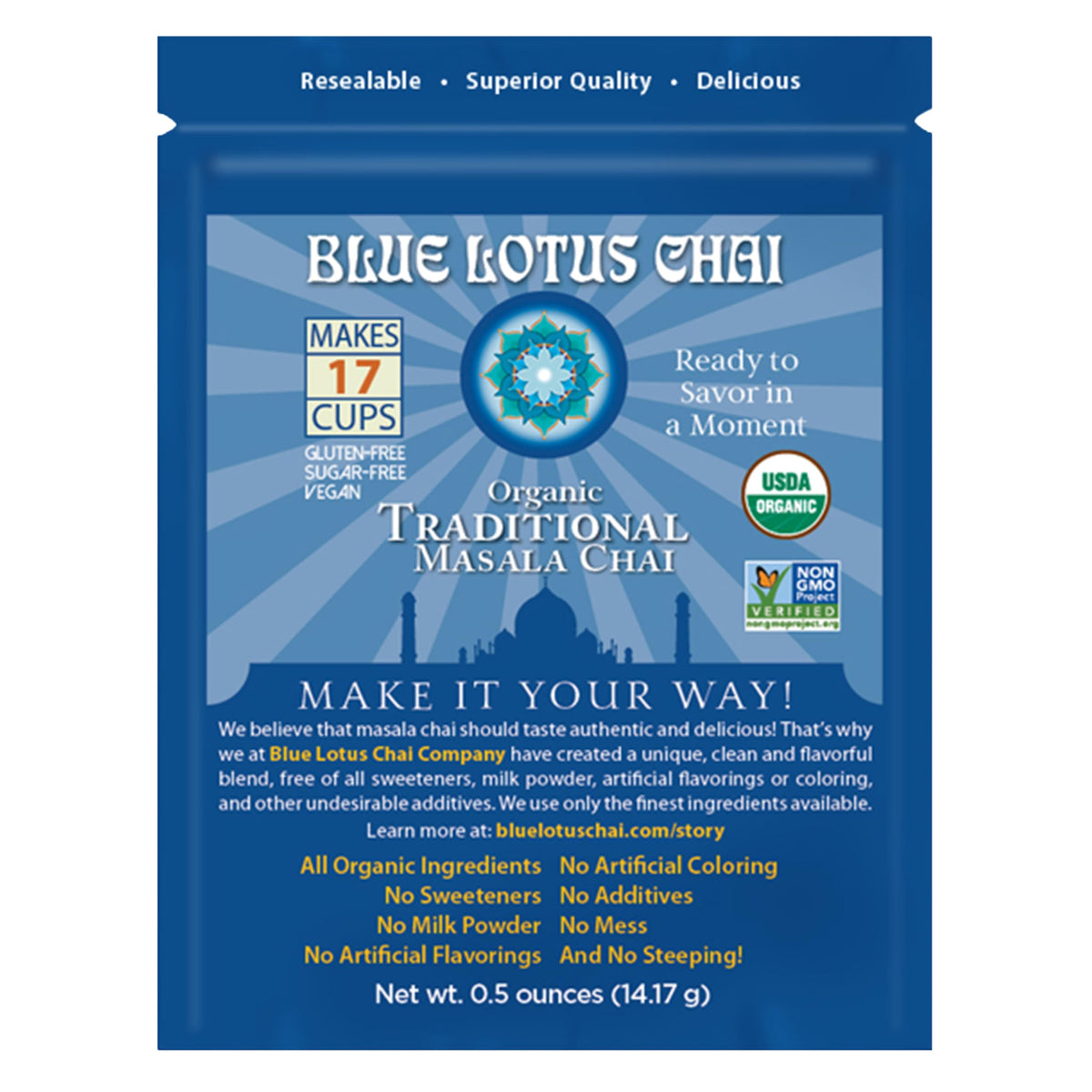 Blue Lotus Chai tin front showing branding and authentic chai packaging.