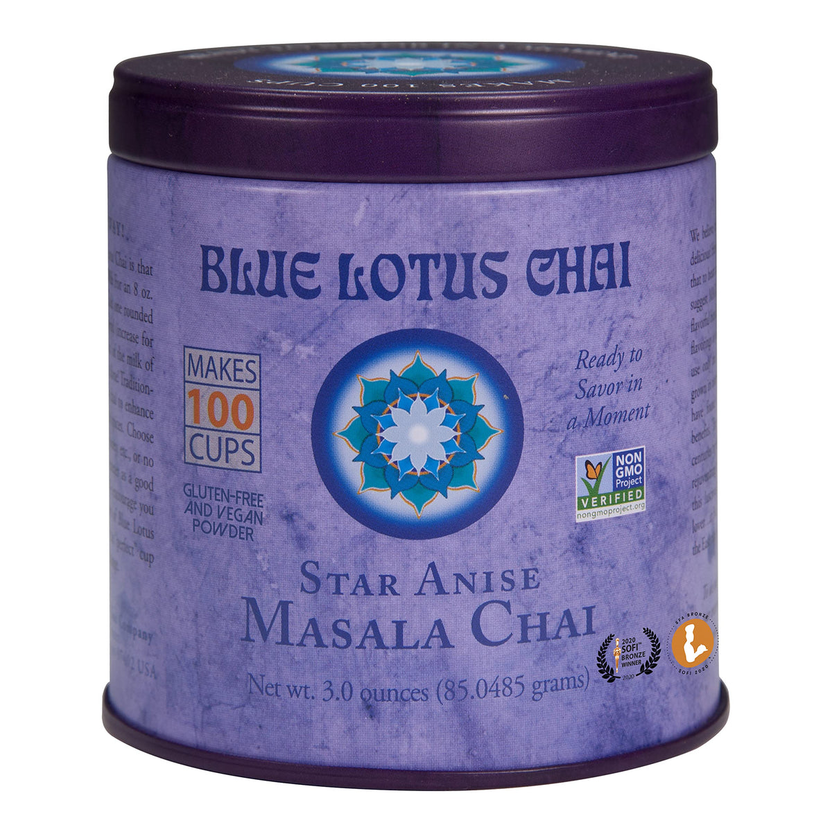 Blue Lotus Chai tin front showing authentic packaging for quick, authentic chai