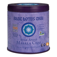 Blue Lotus Chai tin front showing authentic packaging for quick, authentic chai