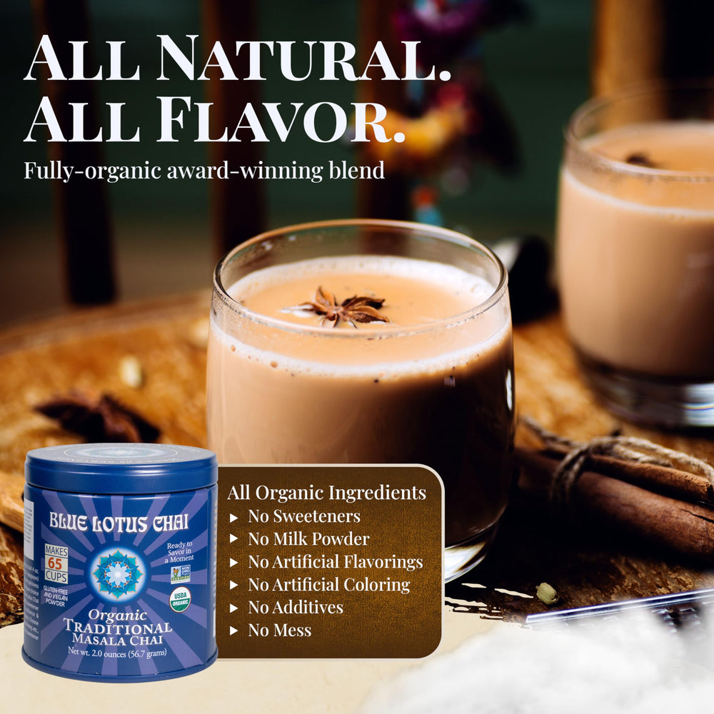Blue Lotus Chai tin label highlights organic certification.